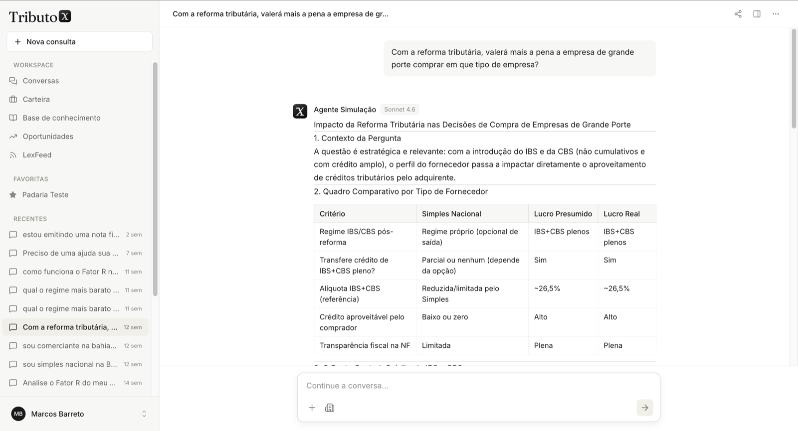 Agente Simulação respondendo com quadro comparativo